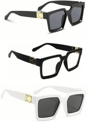 PC STAR Retro Square Sunglasses(For Men & Women, Black, Clear)