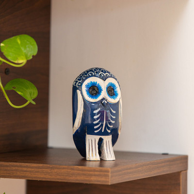 ExclusiveLane 'The Knowledgeable Owl' Handpainted Wooden Owl Showpiece|Statue For Decor In Decorative Showpiece  -  10.4 cm(Wood, Dark Blue, White)