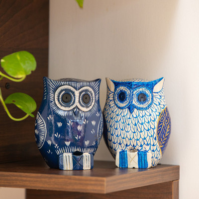 ExclusiveLane The Serene Owl Pair' Hand-Painted Showpiece In Wood Decorative Showpiece  -  10.7 cm(Wood, Dark Blue, Light Blue, White)