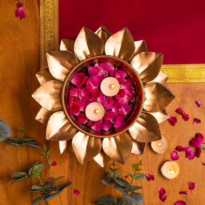 DeArt Handcrafted Rose Rangoli Urli Diya Bowl for Home&Festival Decoration-12x12 inch Decorative Showpiece  -  31.75 cm(Iron, Gold)