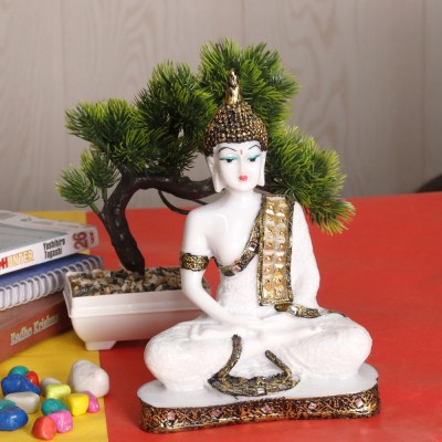GW Creations Beautiful Meditating Lord White Buddha With Bonsai Plant Decorative Showpiece  -  23 cm(Marble, White)