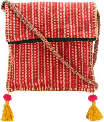 The House of Tara Red Sling Bag Boho Chic Handloom Fabric