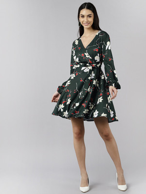 AHIKA Women Fit and Flare Green Mini/Short Dress