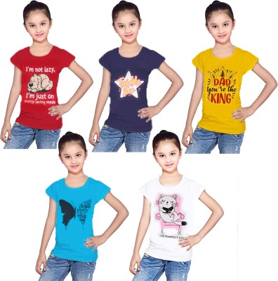 APN Girls Graphic Print Pure Cotton Regular T Shirt(Multicolor, Pack of 5)