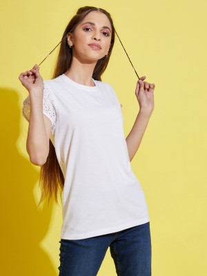 Noh.Voh - SASSAFRAS Kids Girls Solid Cotton Blend T Shirt(White, Pack of 1)