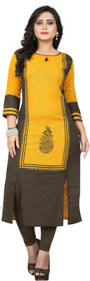 VBUYZ Women Printed Frontslit Kurta(Yellow)