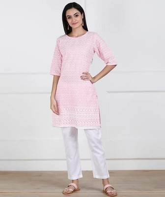 MIRAVAN Women Embroidered Straight Kurta(Pink)