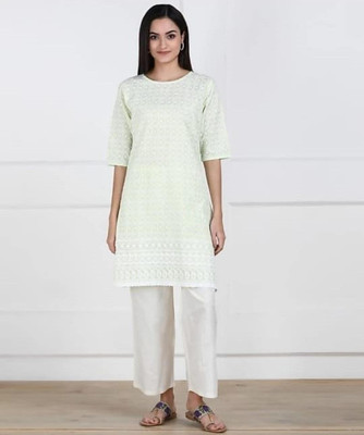 ANGIYA Women Embroidered Straight Kurta(Green)