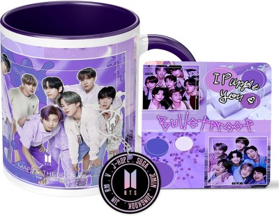 NH10 DESIGNS BTS Printed Cup Coaster and Keychain Combo Set For Girls Boys Friends (BNDBMCK1) Ceramic Coffee Mug(350 ml, Pack of 3)