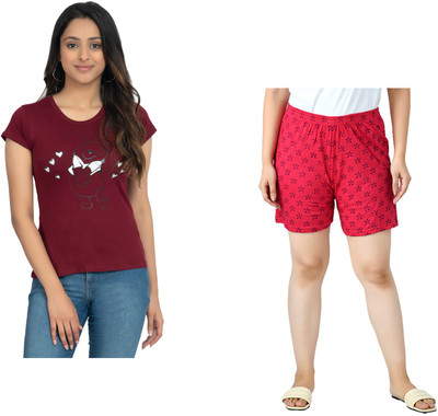 Indistar Women Printed Red, Maroon Top & Shorts Set