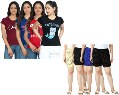 IndiWeaves Women Printed Multicolor Top & Shorts Set