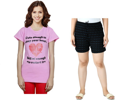 Indistar Women Polka Print Pink, Black Top & Shorts Set
