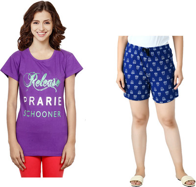 KAVYA Women Printed Purple, Blue Top & Shorts Set