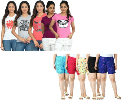 IndiWeaves Women Printed, Floral Print Multicolor Top & Shorts Set