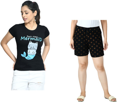 Indistar Women Printed Black Top & Shorts Set