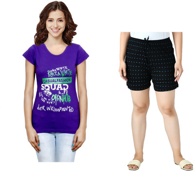 KAVYA Women Printed Purple, Black Top & Shorts Set