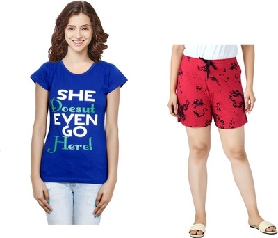 Indistar Women Printed Blue, Red Top & Shorts Set