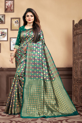 Dhruti Creation Woven Banarasi Silk Blend Saree(Light Blue)