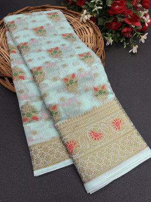 NIYAMI Printed, Self Design, Woven, Floral Print Banarasi Jacquard, Cotton Silk Saree(Pink)