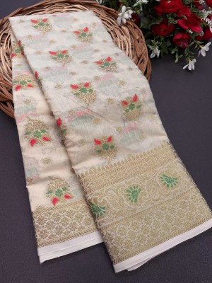 WEYLIN Self Design, Printed, Embellished, Floral Print, Solid/Plain Banarasi Jacquard, Cotton Linen Saree(Cream)