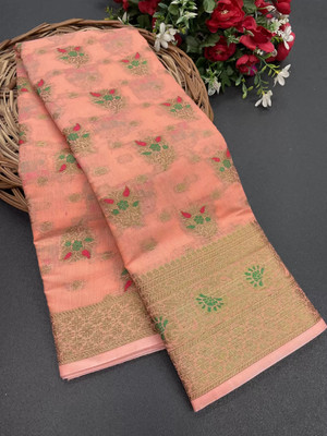 KRENIW Printed, Self Design, Woven, Floral Print Banarasi Jacquard, Cotton Silk Saree(Light Green)
