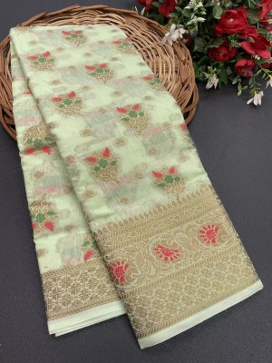 WEYLIN Self Design, Printed, Embellished, Floral Print, Solid/Plain Banarasi Jacquard, Cotton Linen Saree(Beige)