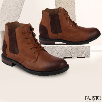 FAUSTO Outdoor Winter Leather Fashion Comfort High Ankle Lace Up Biker Boots For Men(Brown)