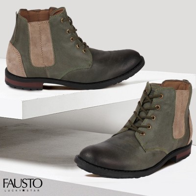 FAUSTO Outdoor Winter Leather Fashion Comfort High Ankle Lace Up Biker Boots For Men(Olive, Black)