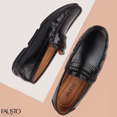 FAUSTO Laser Cut Design Casual Fashion Dress Slip On Shoes Moccasin and Mojaris For Men(Black)