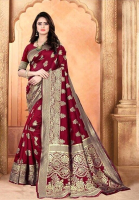 SHRIMAY Embroidered Banarasi Pure Silk Saree(Red)