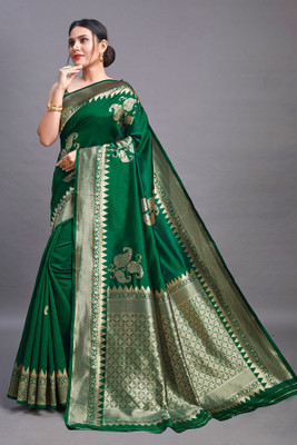 Amrut Collection Woven Banarasi Silk Blend Saree(Dark Green)