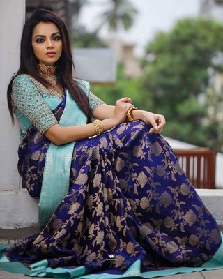 Amrut Collection Woven Banarasi Silk Blend Saree(Dark Blue)