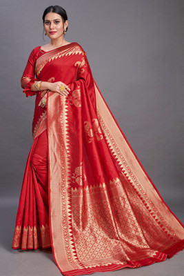 Amrut Collection Woven Banarasi Silk Blend Saree(Red)