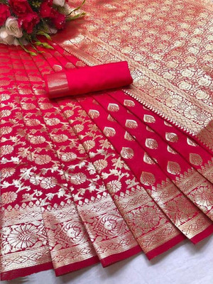 Amrut Collection Woven Banarasi Silk Blend Saree(Red)