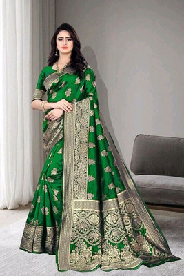 Amrut Collection Woven Banarasi Silk Blend Saree(Dark Green)