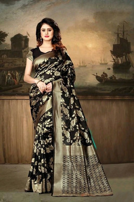 Amrut Collection Woven Banarasi Silk Blend Saree(Black)