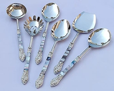 MFU-MADE FOR YOU Designer Brass Handle Serving Spoon with Mother of Pearl Stainless Steel Serving Spoon Set(Pack of 6)