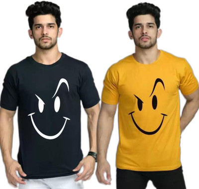 CLOFLIX Printed Men Round Neck Yellow, Navy Blue T-Shirt