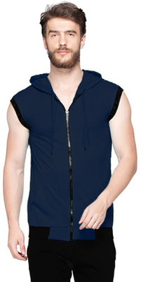 Bribzy Solid, Self Design, Embroidered Men Hooded Neck Dark Blue T-Shirt