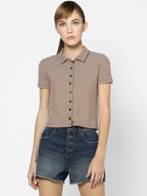 ONLY Striped Women Polo Neck Brown T-Shirt