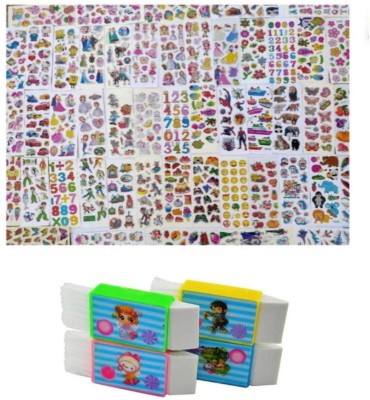 imtion 2 IN 1 ( 10 Sheet 3D cartoon stickers + 4 Pcs 3 In 1 Sharpener,eraser and brush