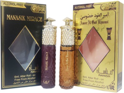 Manasik MIRAGE & AMEER AL OUD KHUSUSI Alcohol - Free Attar Roll On 6ml . ( COMBO SET ) Floral Attar(Floral)