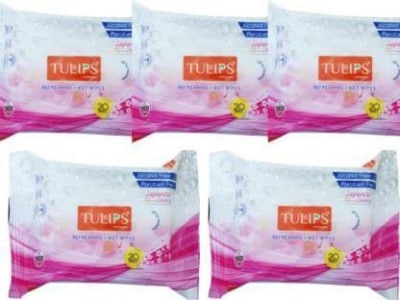 FOZZBY Tulips Refrshing Wet Wipes With Fragrance PACK OF 5 (20WIPES EACH)Japanese CHERY(100 Tissues)