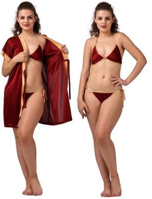 GOODNIGHT GLAM Women Nighty with Robe(Maroon)