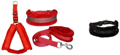 SAWAY Sway Export Quality Dog Brown Harness Furr Set Spyke Collar Large Dog NA Harness(Small, RED)