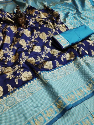 PITHAVADIWALA Printed, Woven, Solid/Plain Dharmavaram Jacquard, Pure Silk Saree(Light Blue)