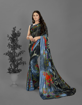 Anand Sarees Floral Print Bollywood Georgette Saree(Blue, Grey)