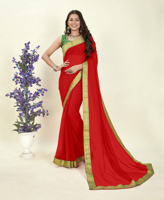 Anand Sarees Embellished, Solid/Plain Bollywood Chiffon Saree(Red)