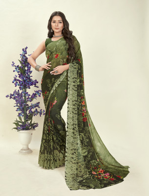 Anand Sarees Floral Print Daily Wear Georgette Saree(Green)