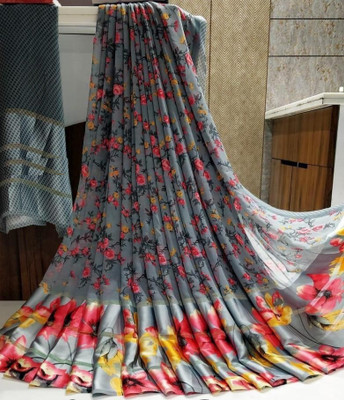 Bombey Velvat Fab Printed, Solid/Plain Banarasi Georgette, Satin Saree(Red, Grey)